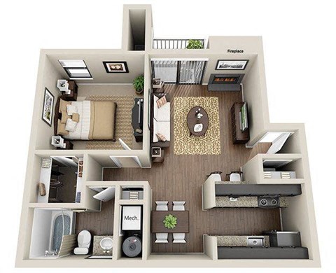 Floor plan for 1 bed, 1 bath, 750 sqft